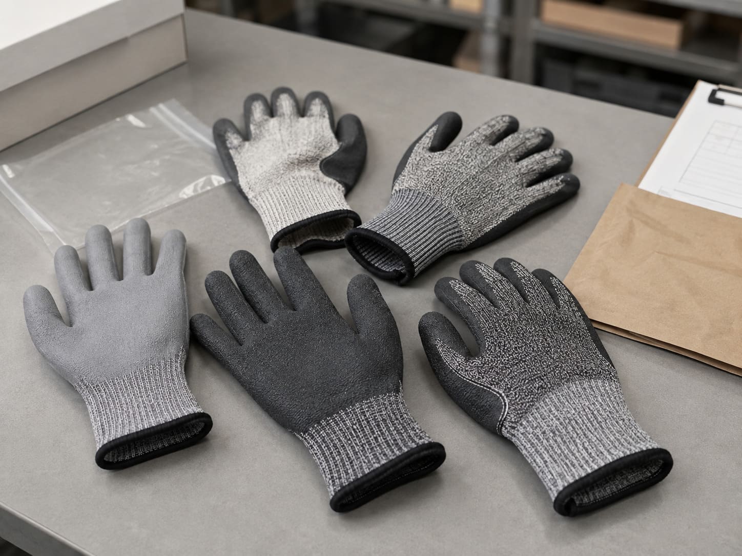 Cut-resistant glove samples laid out for review