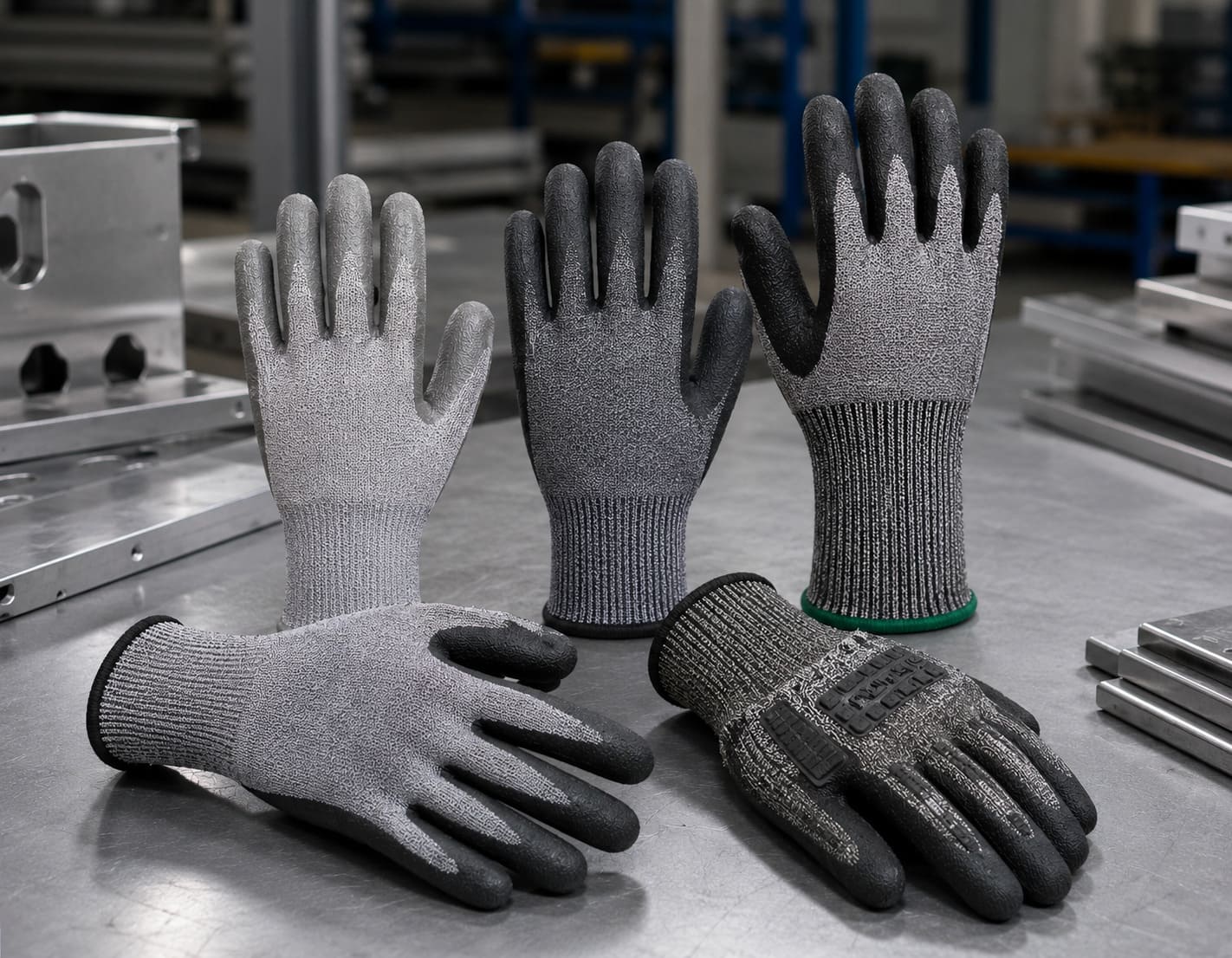 Professional range of cut-resistant industrial gloves displayed as a coordinated B2B product lineup