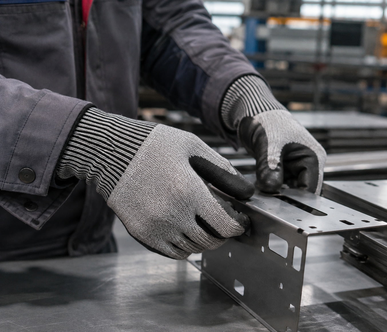 Worker wearing cut-resistant gloves for metal handling